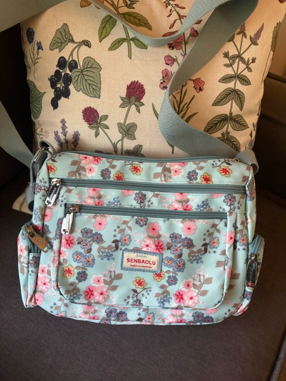 Light Blue Floral Crossbody Bag with Adjustable Strap